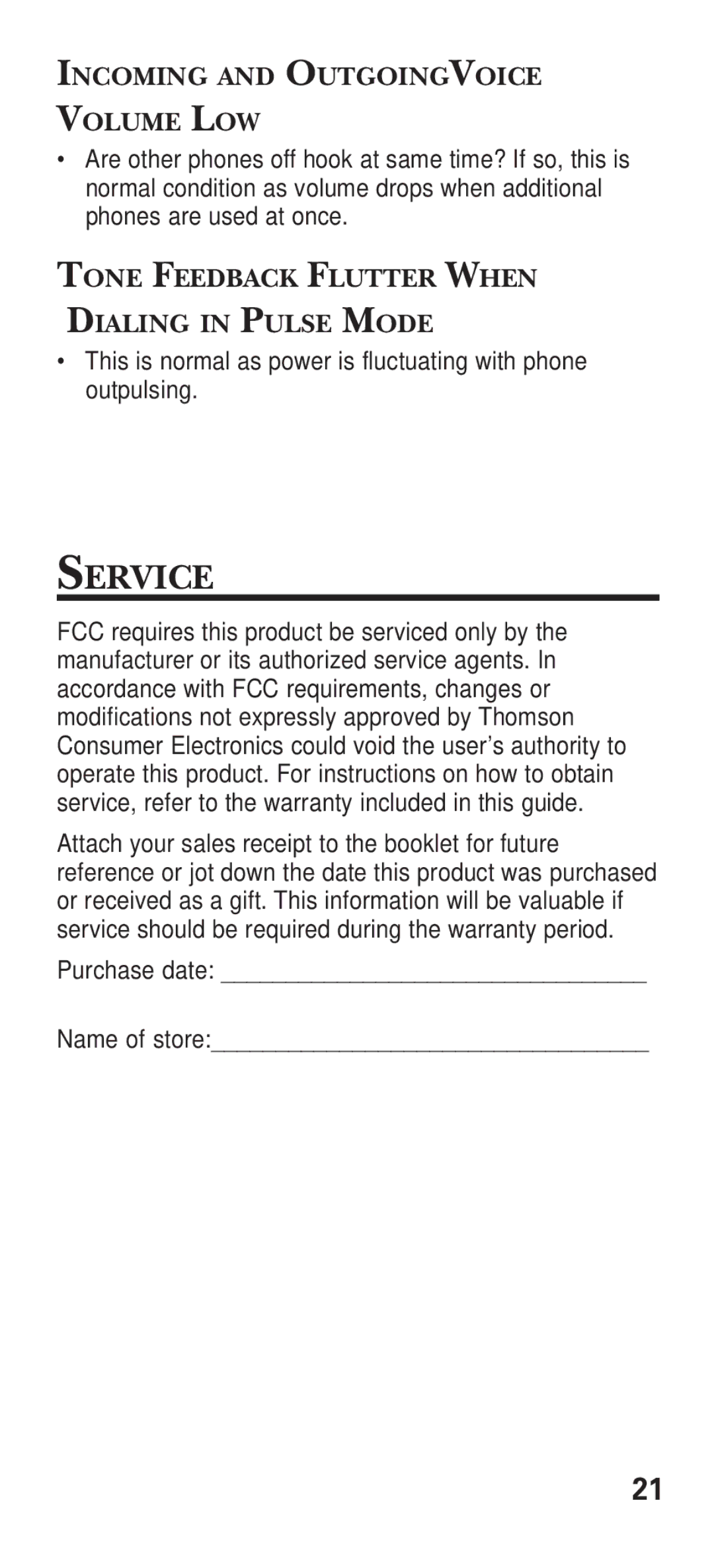 GE 15381860 manual Service, Incoming and Outgoingvoice Volume LOW, Tone Feedback Flutter When Dialing in Pulse Mode 