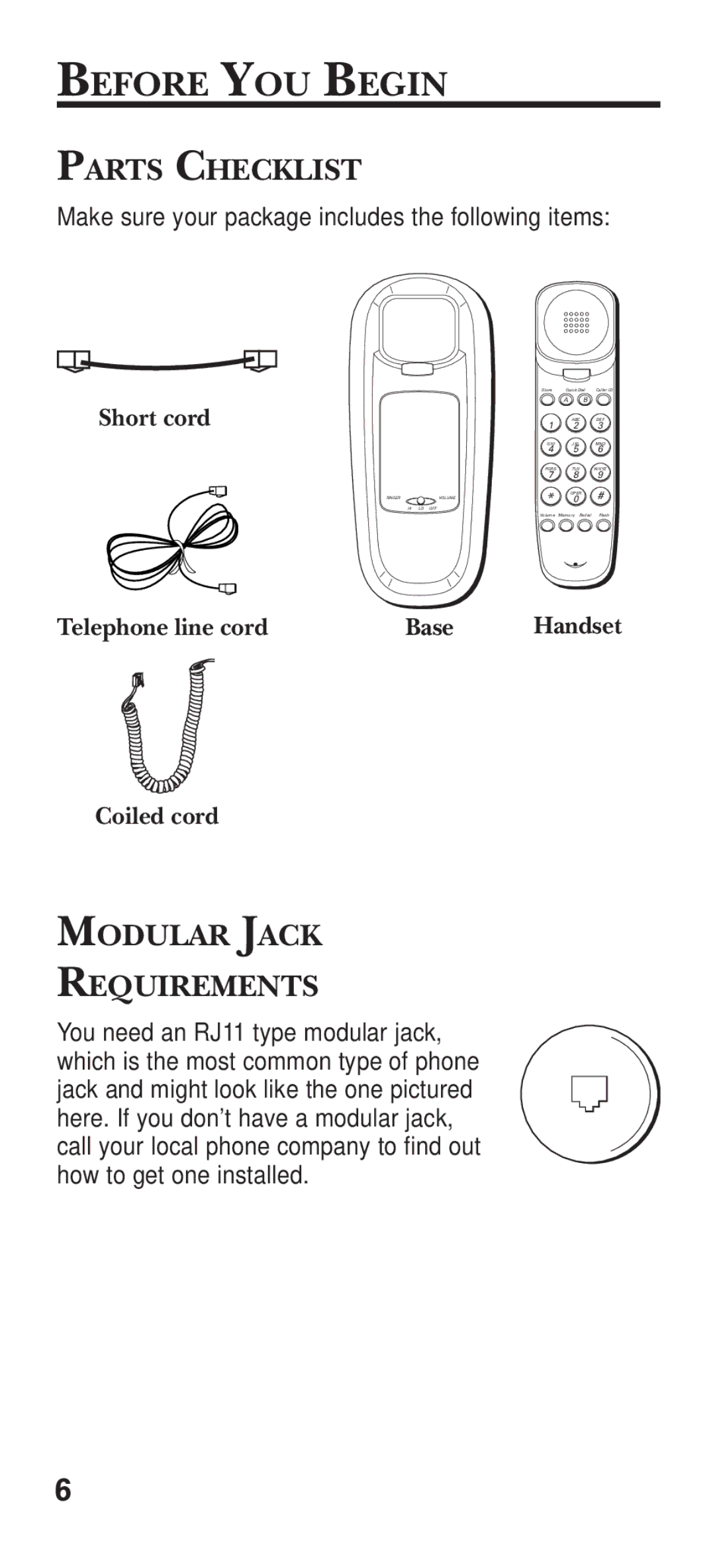 GE 15381860 manual Before YOU Begin, Parts Checklist, Modular Jack Requirements 