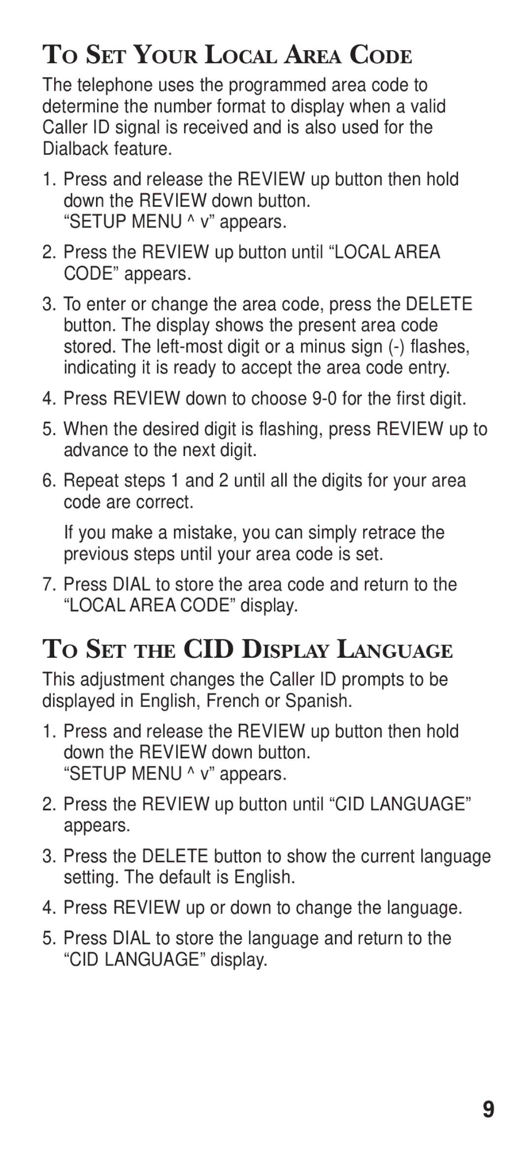 GE 15381860 manual To SET Your Local Area Code, To SET the CID Display Language 