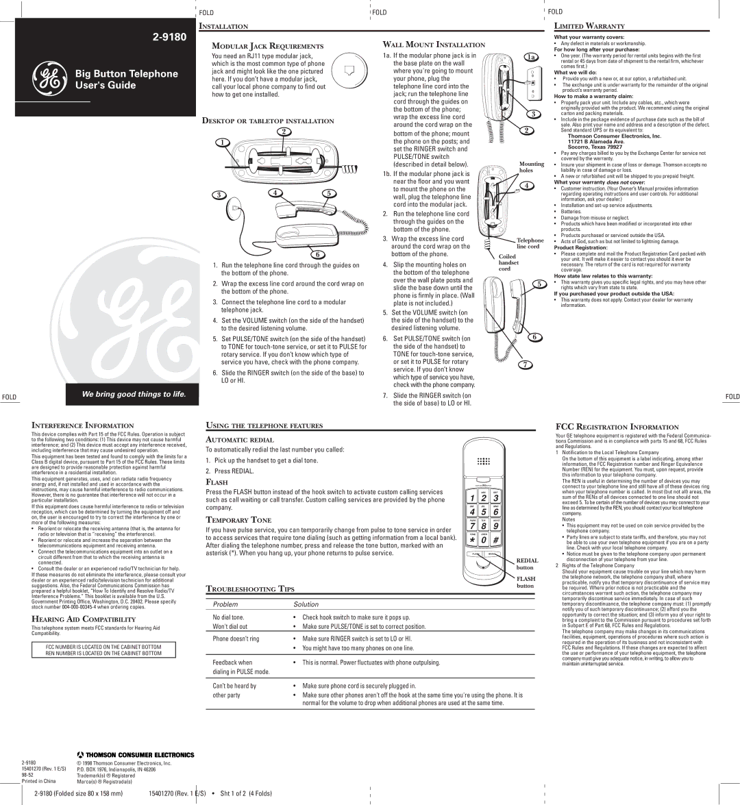 GE 15401270 warranty Limited Warranty, Desktop or Tabletop Installation, Interference Information, Flash, Temporary Tone 