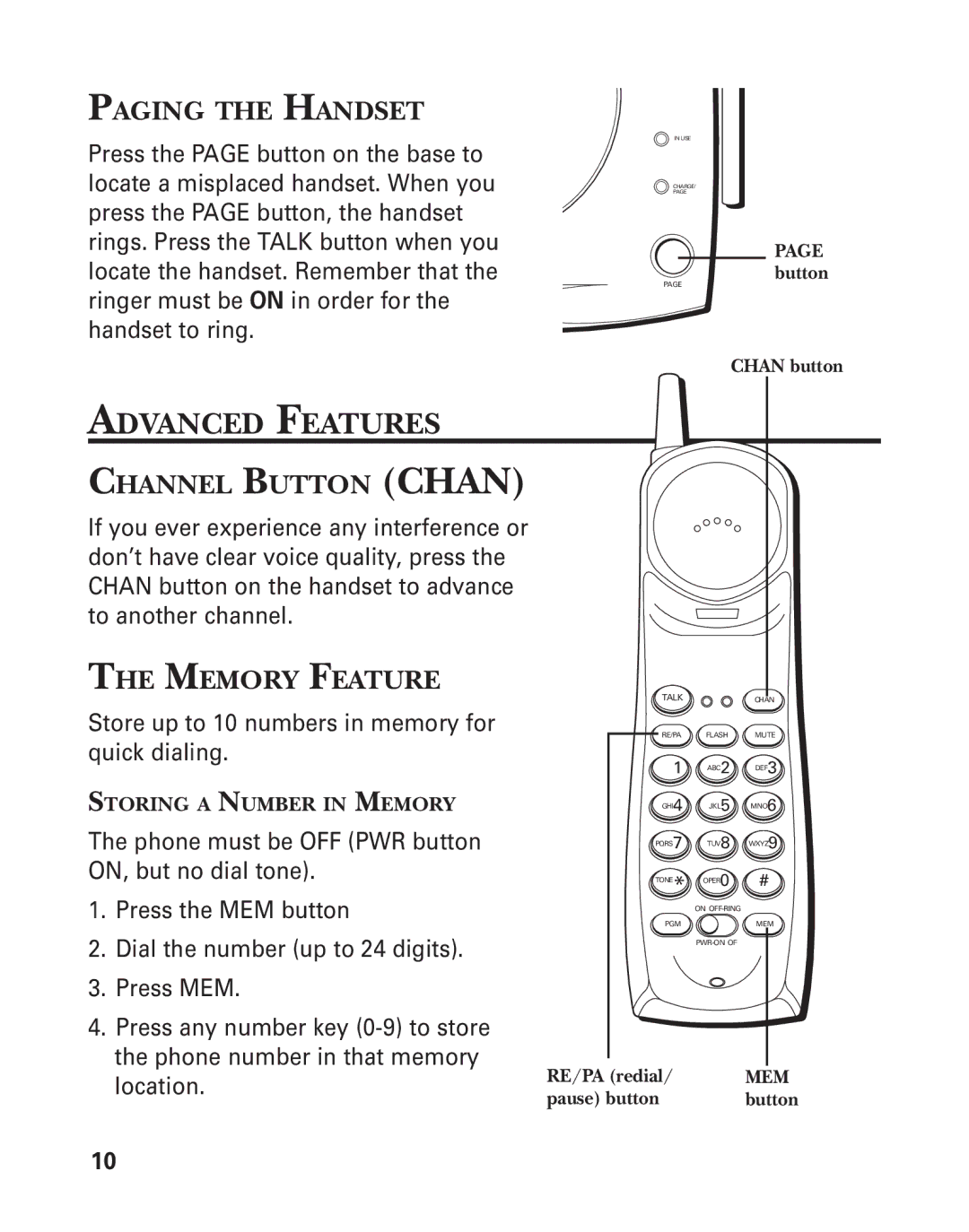 GE 15432970 manual Advanced Features, Paging the Handset, Channel Button Chan, Memory Feature 