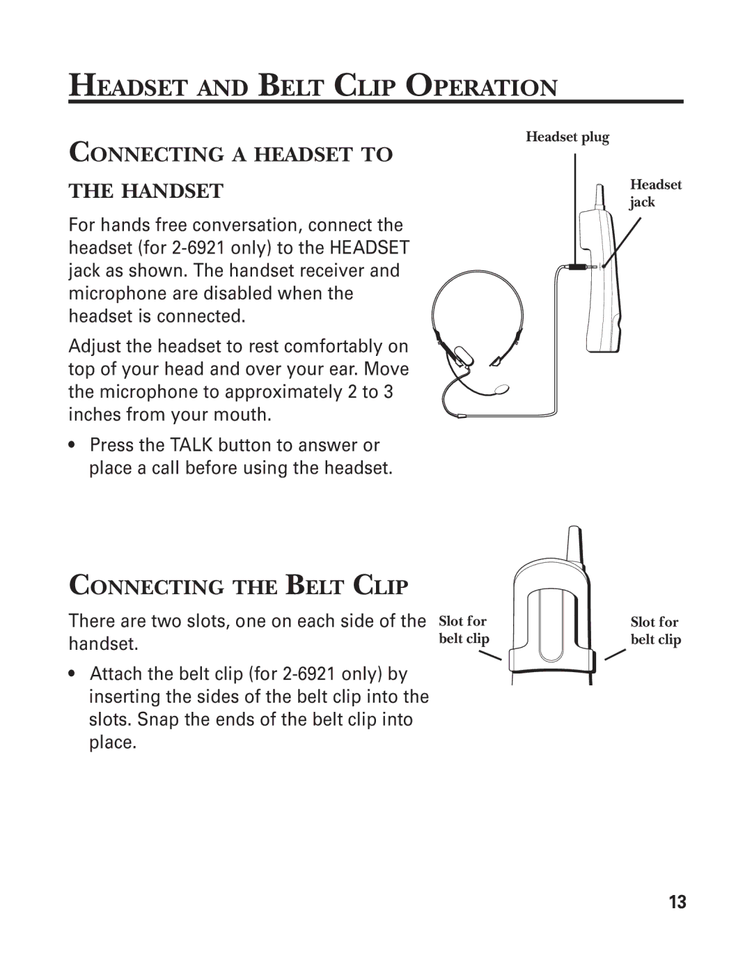 GE 15432970 manual Headset and Belt Clip Operation, Connecting a Headset to Handset, Connecting the Belt Clip 