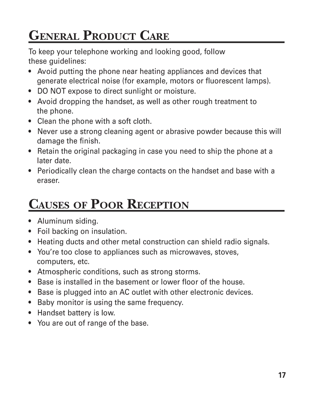 GE 15432970 manual General Product Care, Causes of Poor Reception 