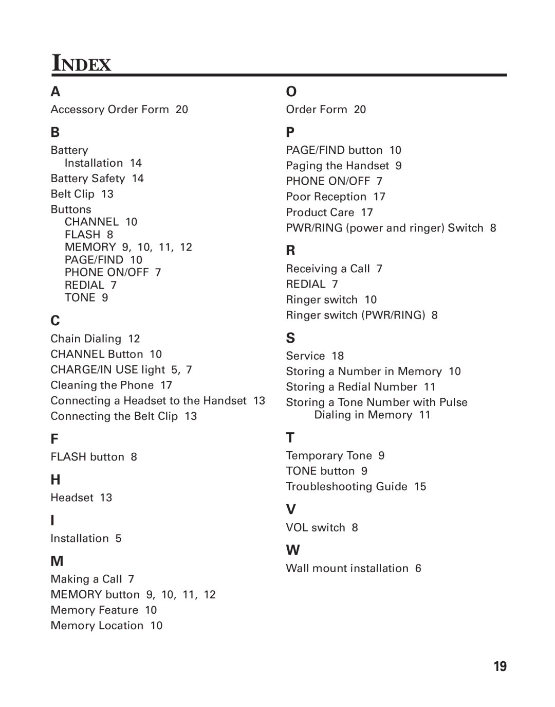 GE 15432970 manual Index, PAGE/FIND Phone ON/OFF Redial Tone 