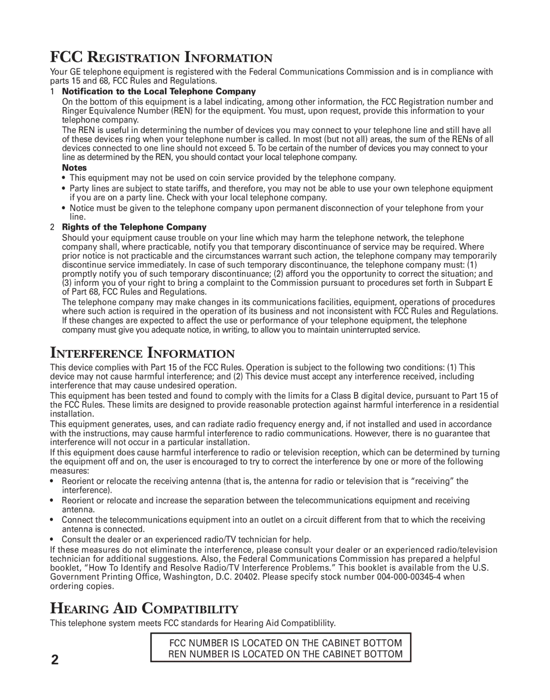 GE 15432970 manual FCC Registration Information 