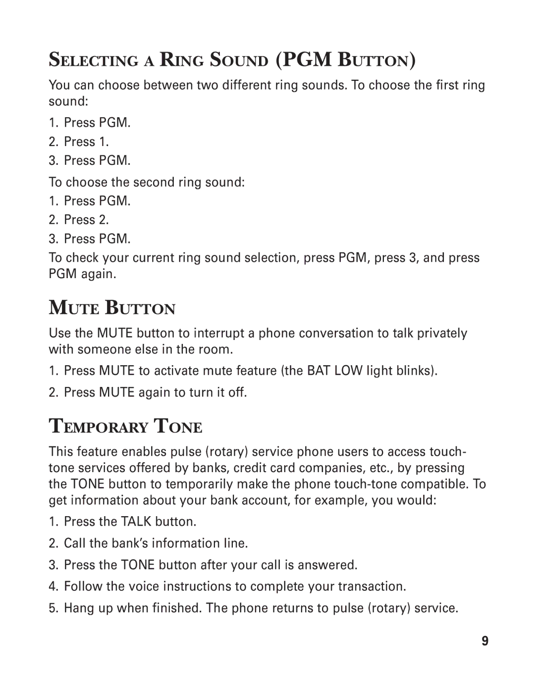 GE 15432970 manual Selecting a Ring Sound PGM Button, Mute Button, Temporary Tone 