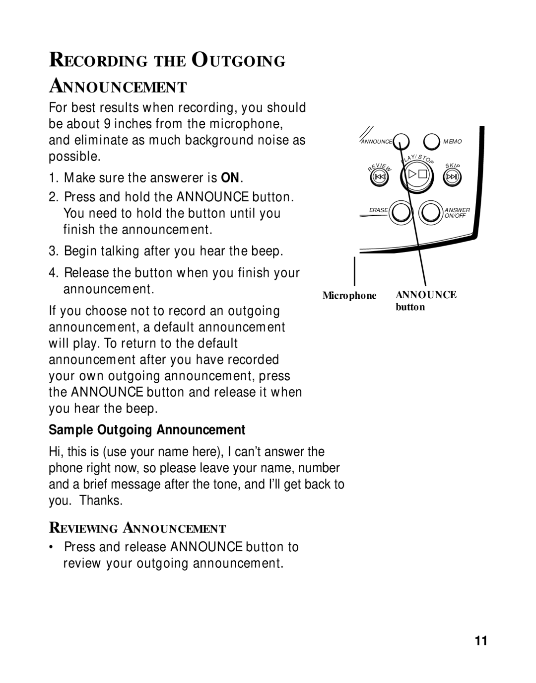 GE 15433020 manual Recording the Outgoing Announcement, Sample Outgoing Announcement 