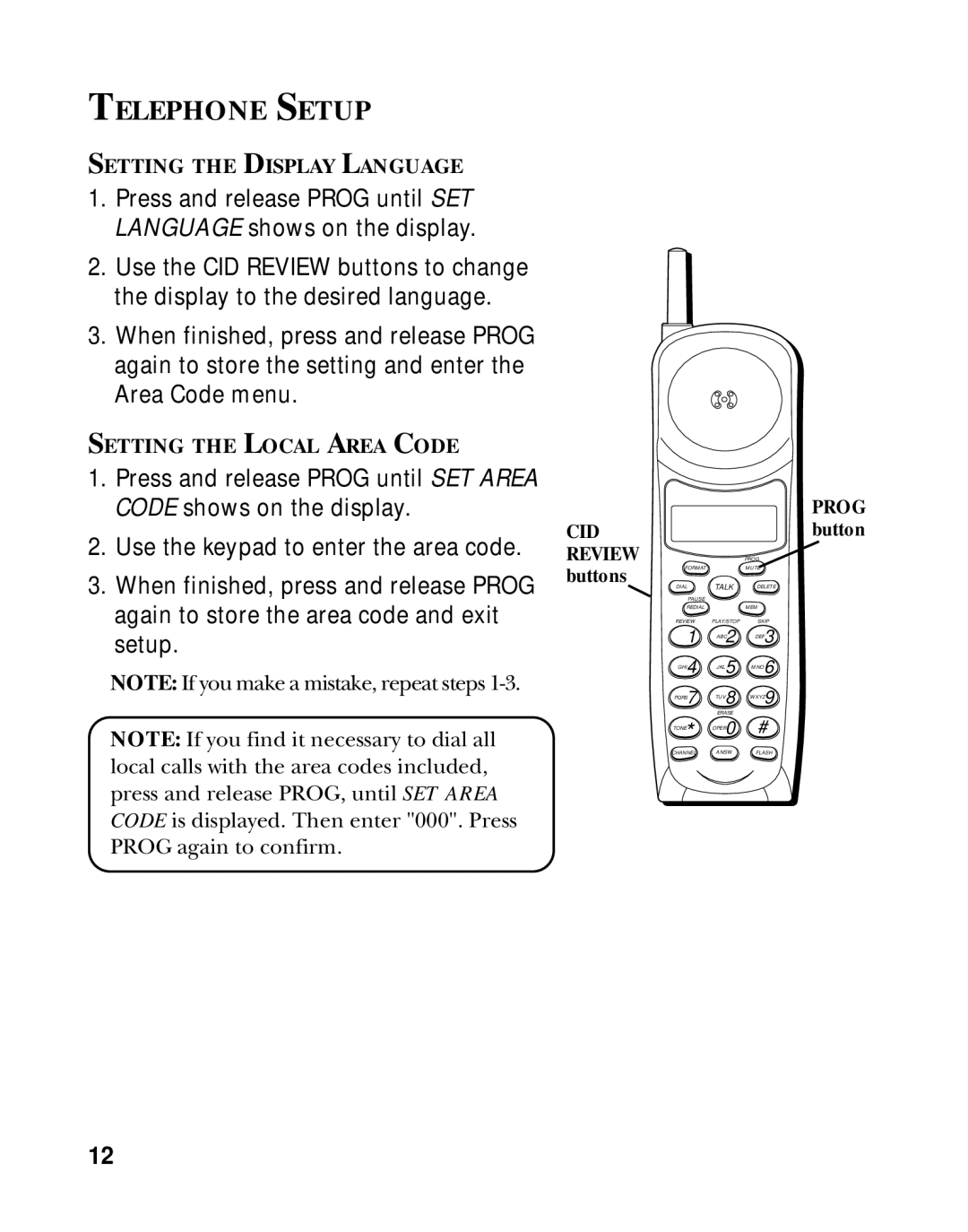 GE 15433020 manual Telephone Setup, CID Review buttons 