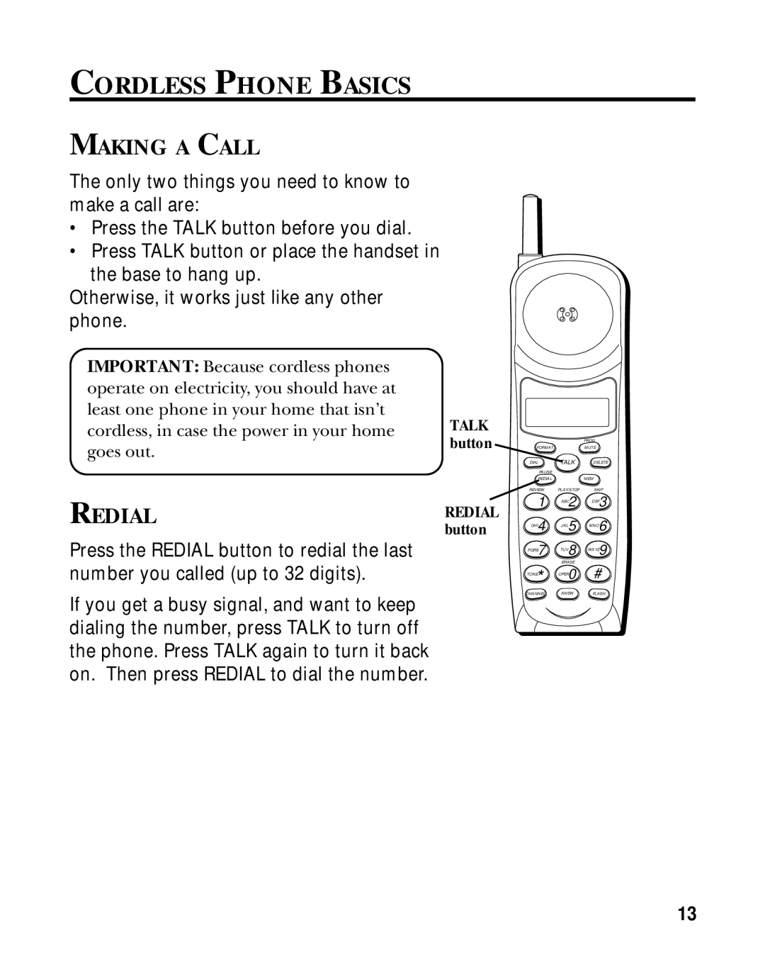 GE 15433020 manual Cordless Phone Basics, Making a Call, Redial 