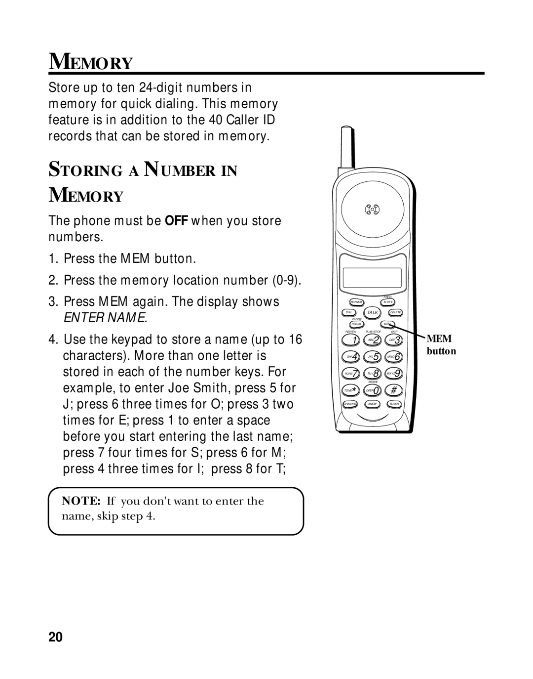 GE 15433020 manual Storing a Number Memory 