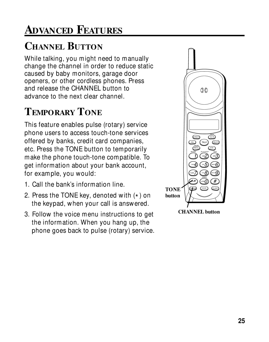 GE 15433020 manual Advanced Features, Channel Button, Temporary Tone 