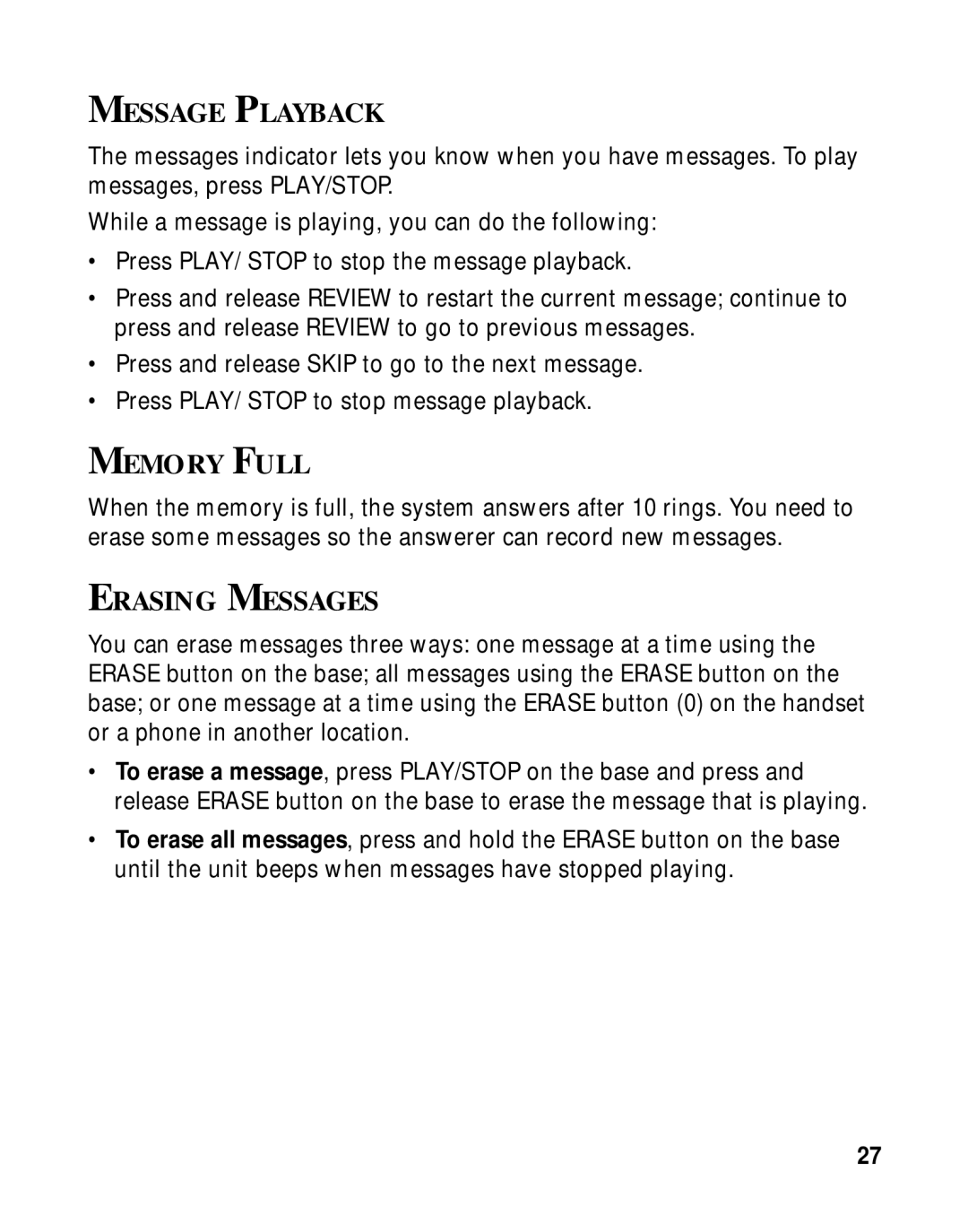 GE 15433020 manual Message Playback, Memory Full, Erasing Messages 