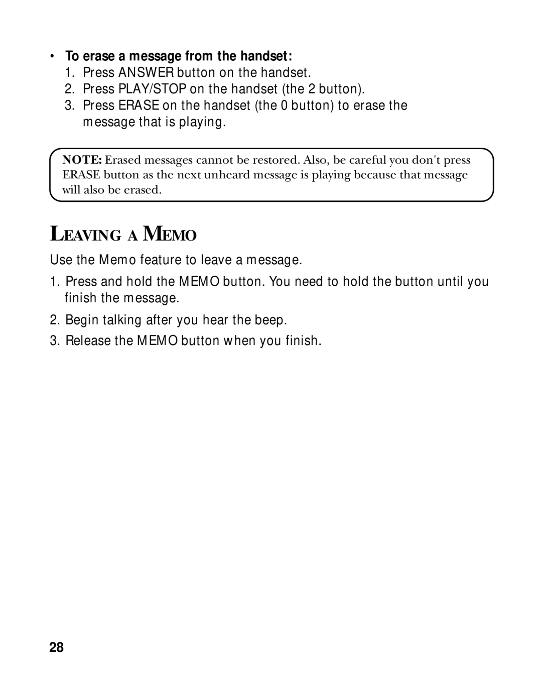 GE 15433020 manual Leaving a Memo, To erase a message from the handset 