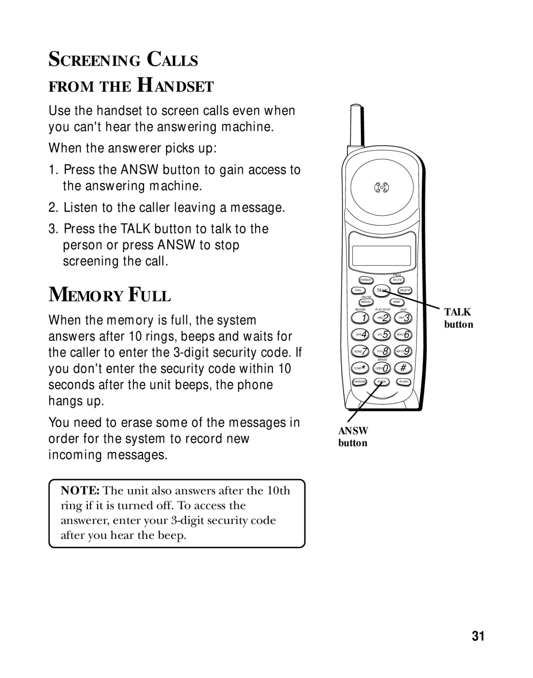 GE 15433020 manual Screening Calls From the Handset, Talk 