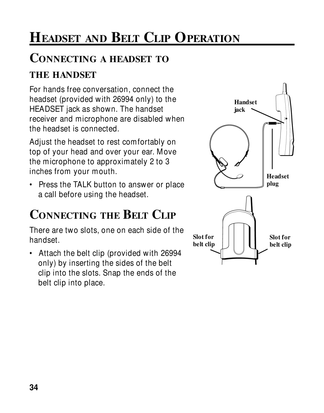 GE 15433020 manual Headset and Belt Clip Operation, Connecting a Headset to Handset, Connecting the Belt Clip 