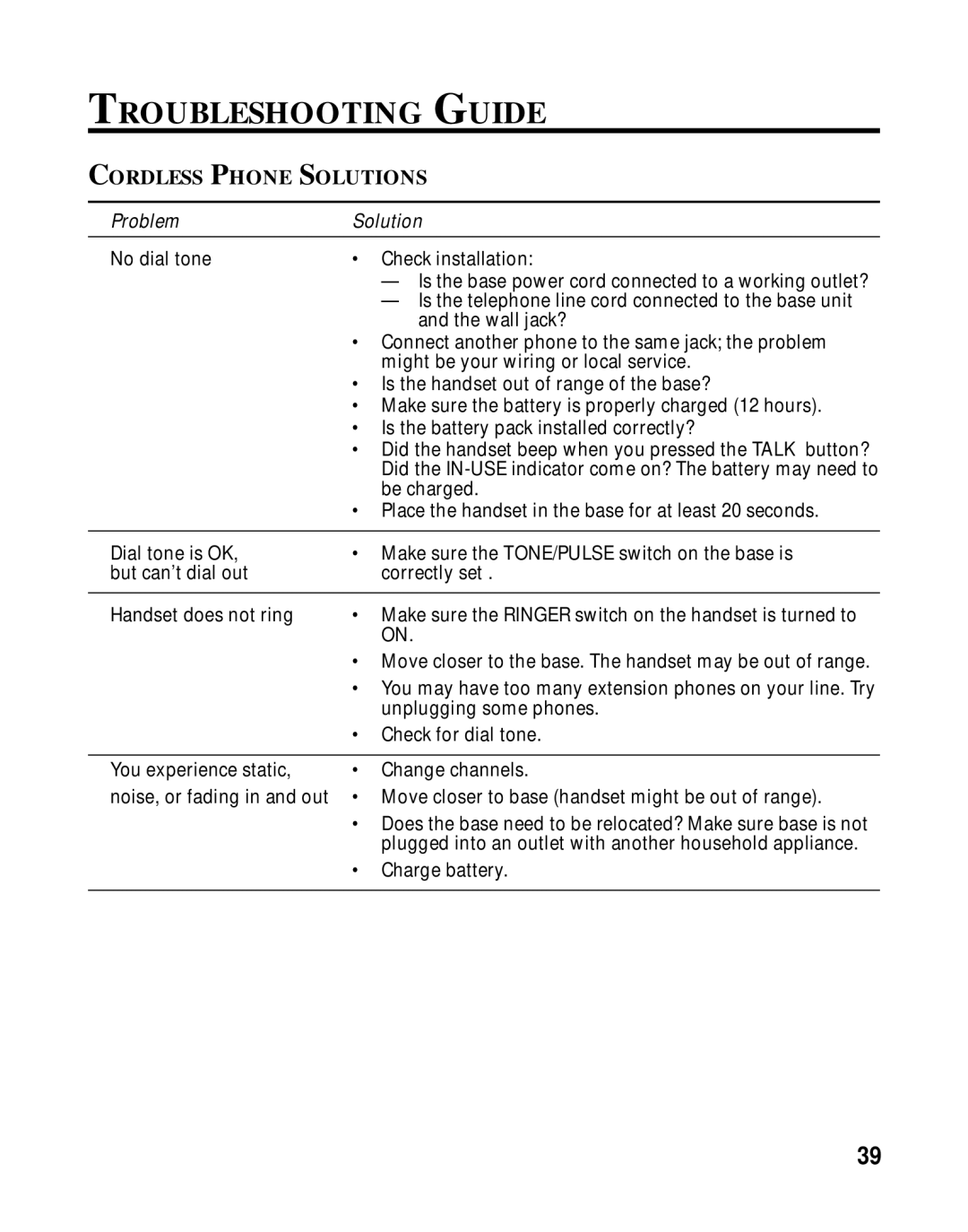 GE 15433020 manual Troubleshooting Guide, Cordless Phone Solutions 