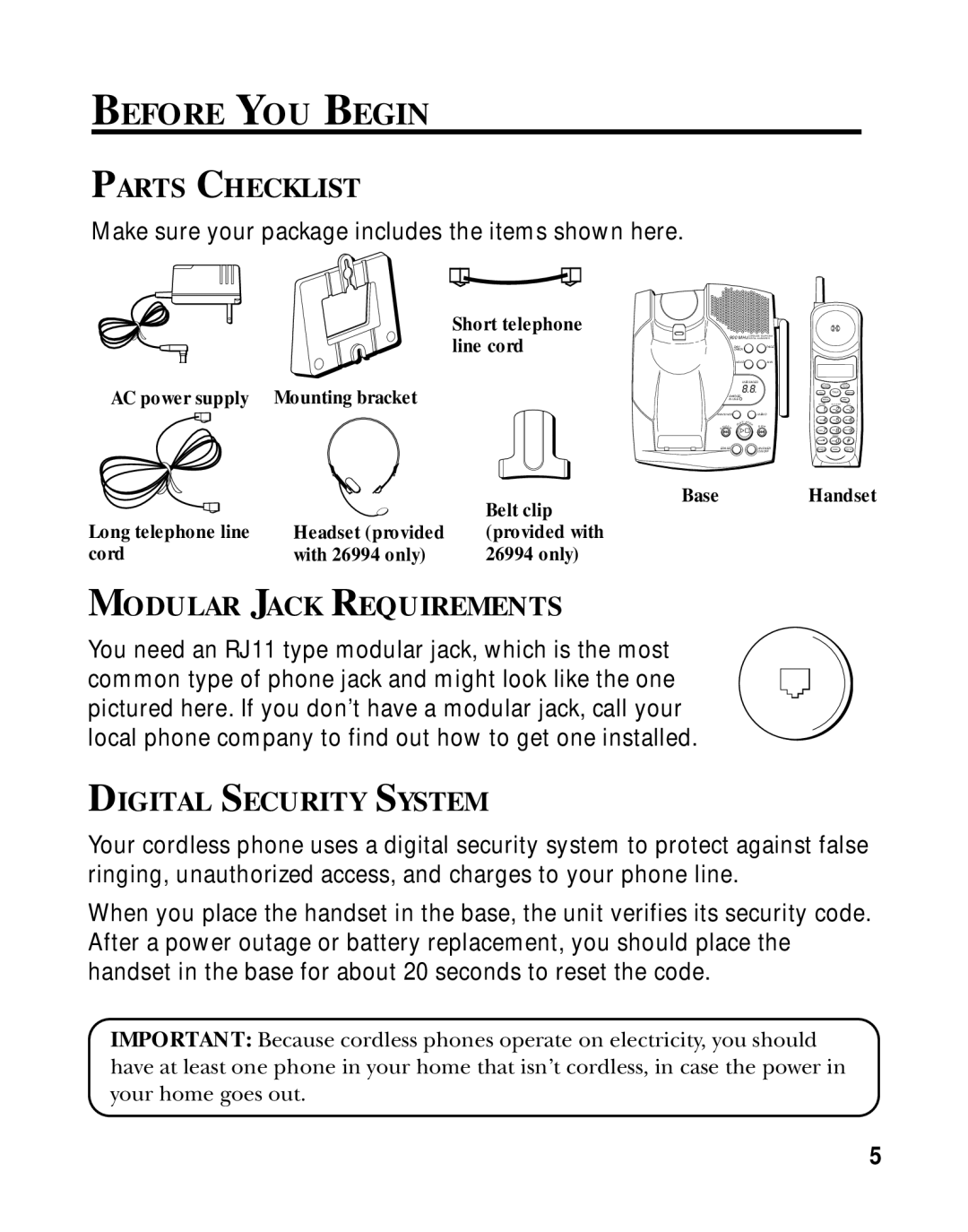 GE 15433020 manual Before YOU Begin, Parts Checklist, Modular Jack Requirements, Digital Security System 