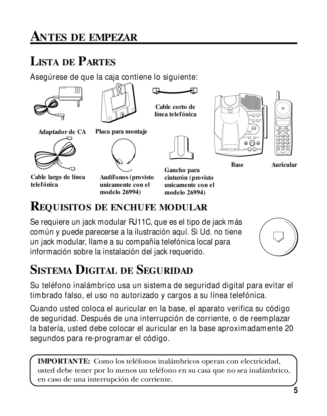 GE 15433020 manual Antes DE Empezar, Lista DE Partes, Requisitos DE Enchufe Modular, Sistema Digital DE Seguridad 