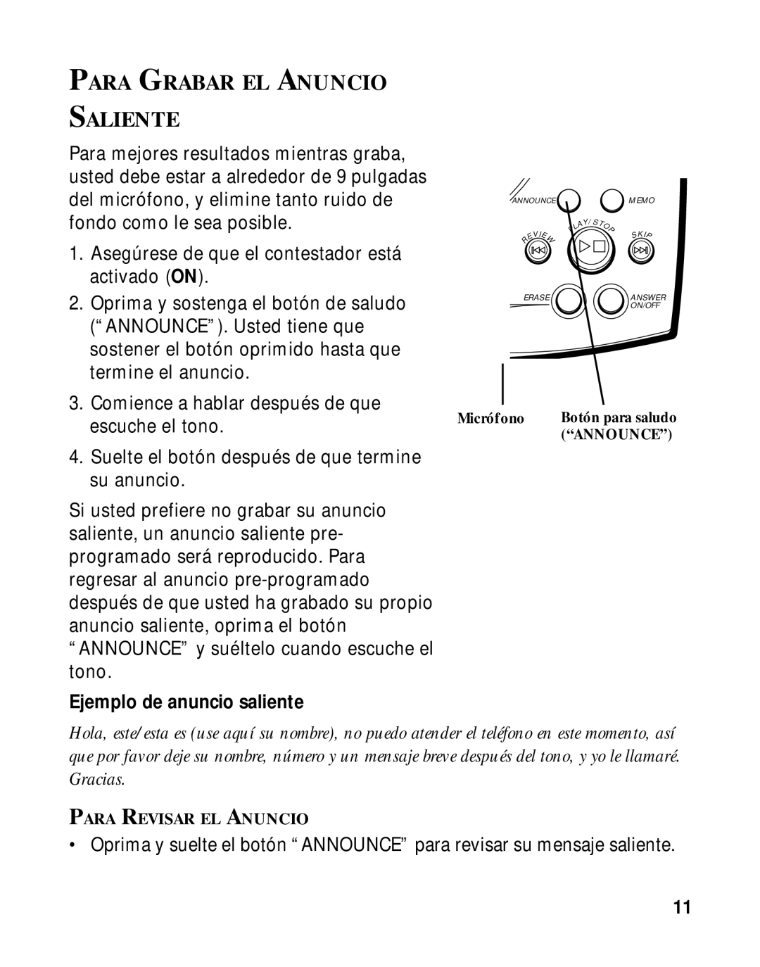 GE 15433020 manual Para Grabar EL Anuncio Saliente, Ejemplo de anuncio saliente 