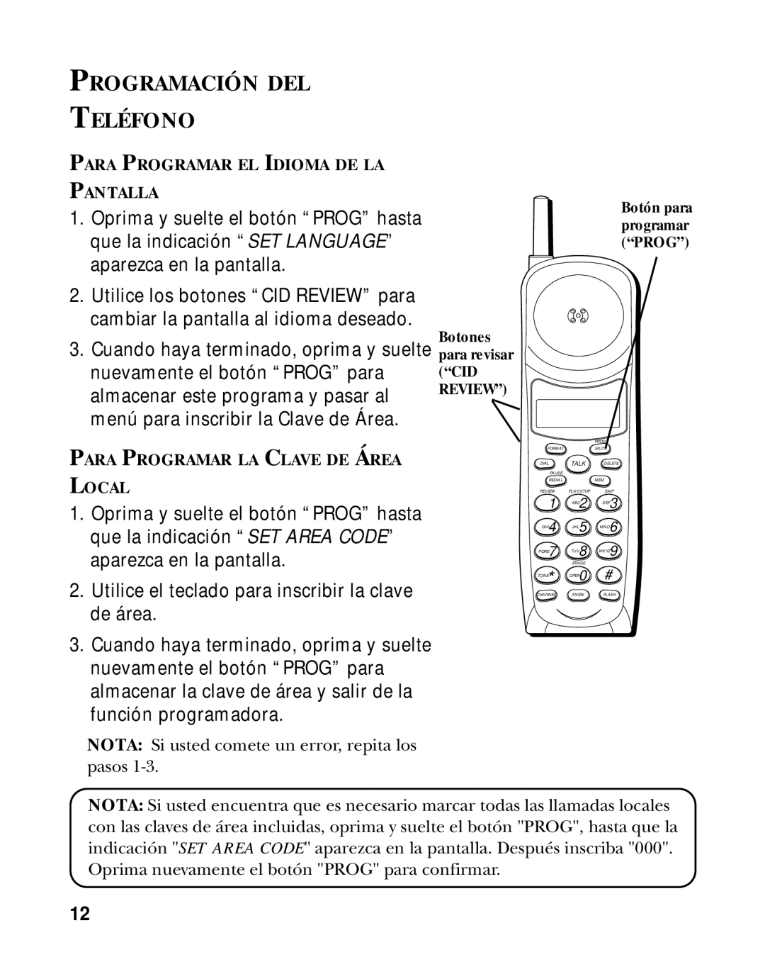 GE 15433020 manual Programación DEL Teléfono, Botón para programar Prog Botones para revisar CID Review 