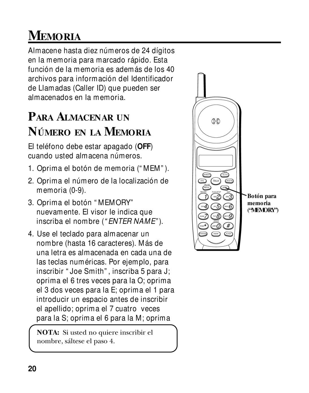 GE 15433020 manual Para Almacenar UN Número EN LA Memoria 