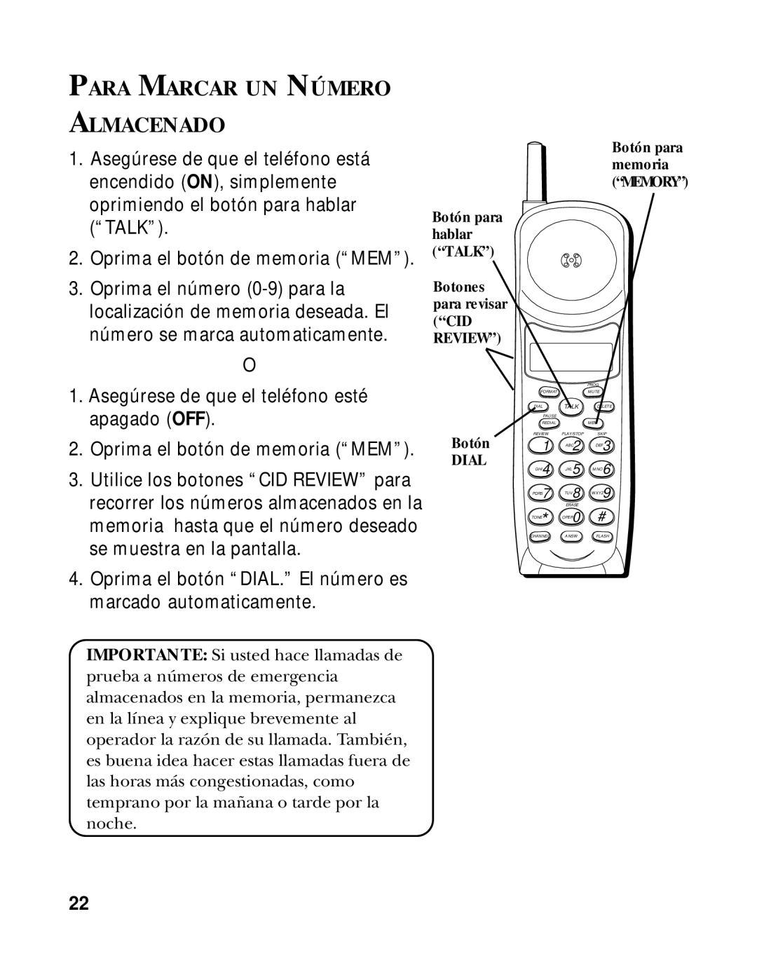 GE 15433020 manual Para Marcar UN Número Almacenado, Botón para memoria Memory 