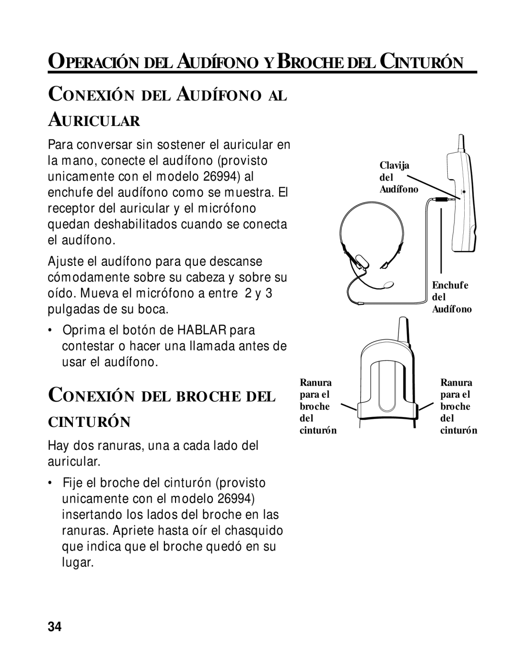 GE 15433020 manual Conexión DEL Audífono AL Auricular, Conexión DEL Broche DEL Cinturón 