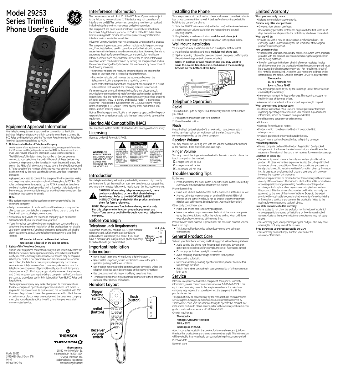 GE 15929620 warranty Equipment Approval Information, Interference Information, Hearing Aid Compatibility HAC, Licensing 