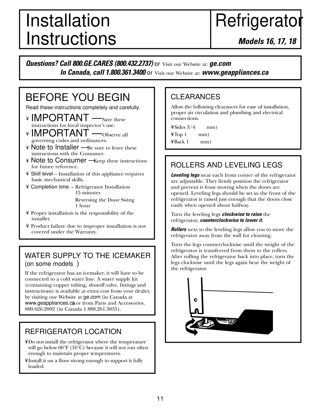 GE 16, 17, 18 operating instructions Before YOU Begin, Refrigerator Location, Clearances, Rollers and Leveling Legs 