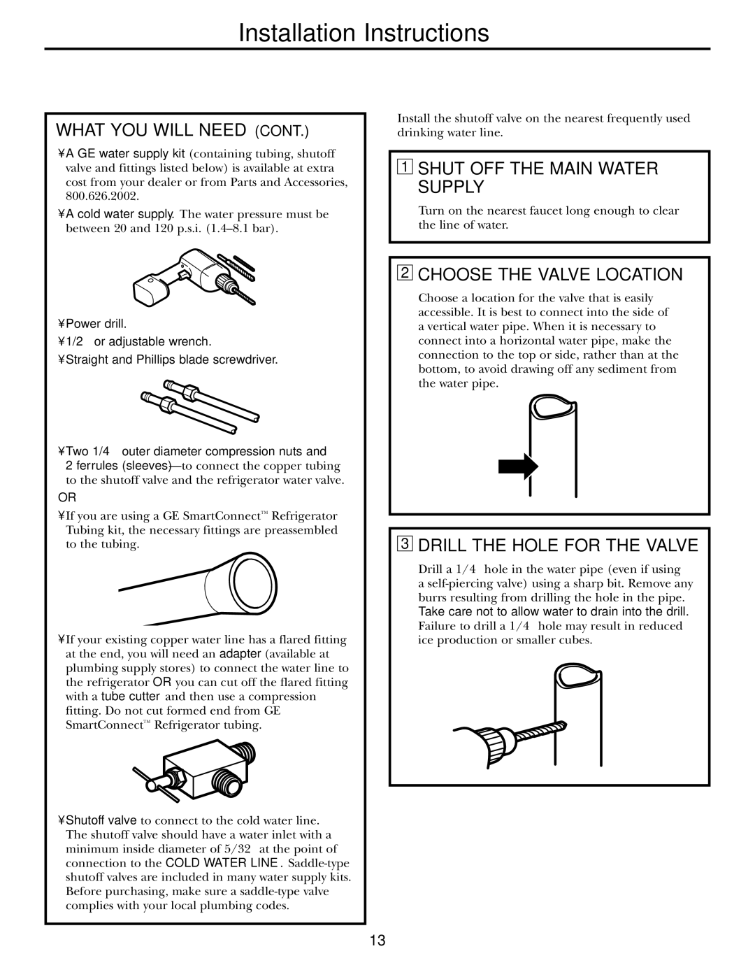 GE 16, 17, 18 Shut OFF the Main Water Supply, Choose the Valve Location, Drill the Hole for the Valve 