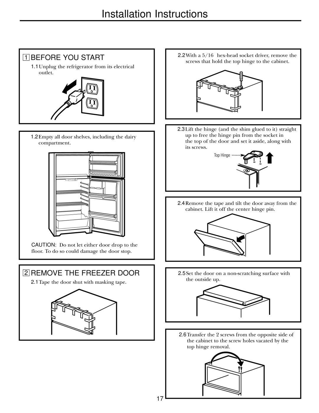 GE 16, 17, 18 operating instructions Before YOU Start, Remove the Freezer Door 