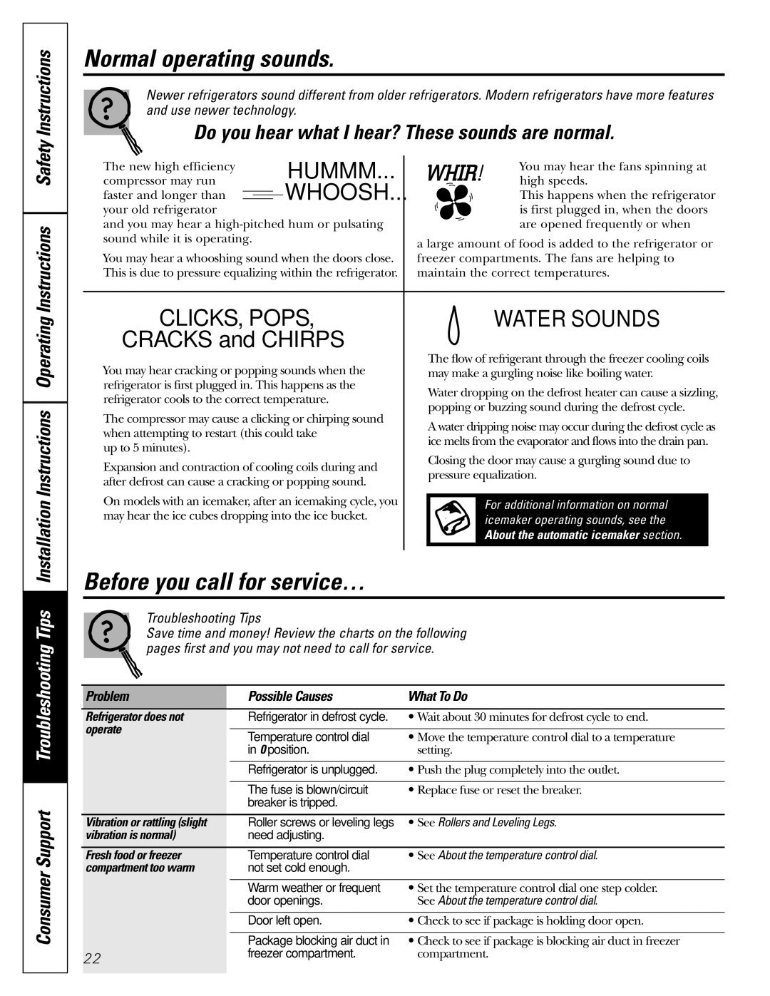 GE 16, 17, 18 operating instructions Normal operating sounds, Before you call for service… 