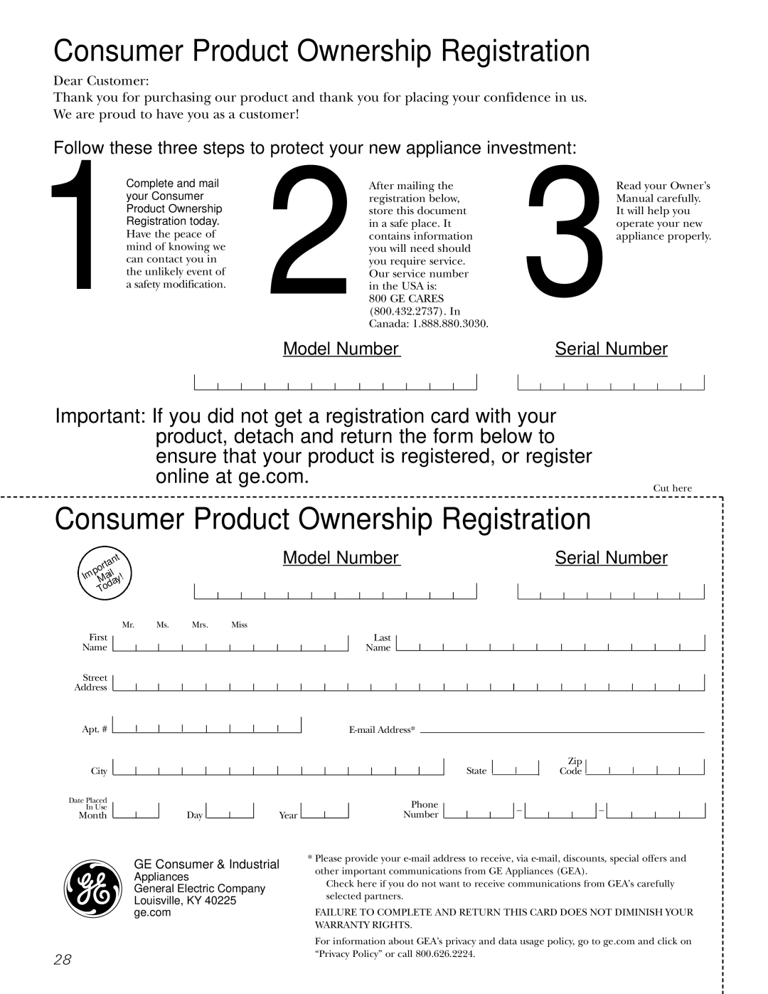 GE 16, 17, 18 operating instructions Consumer Product Ownership Registration 