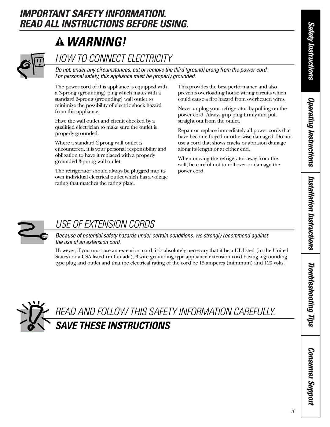 GE 16, 17, 18 operating instructions HOW to Connect Electricity, Instructions Troubleshooting Tips Consumer Support 