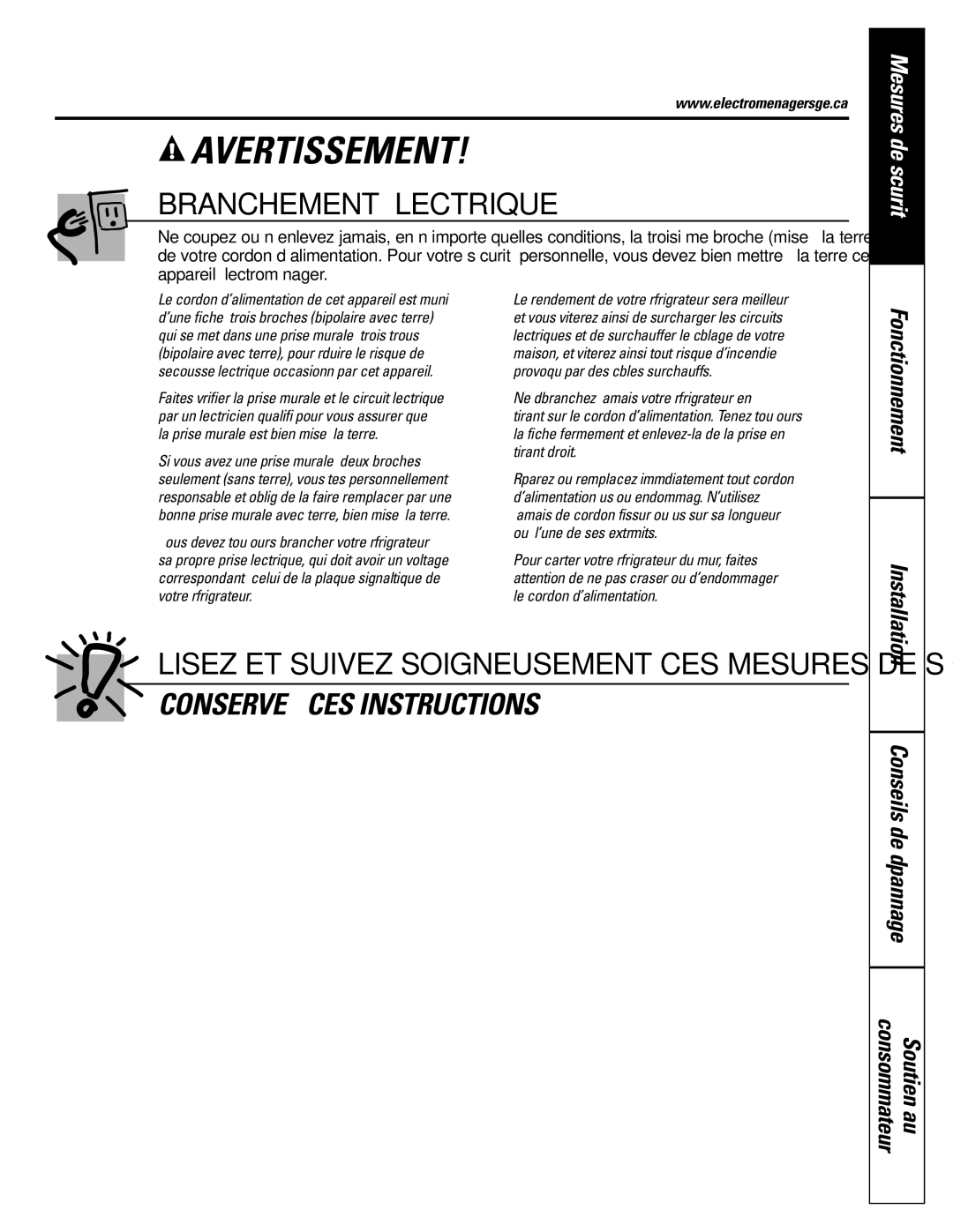 GE 16, 17, 18 operating instructions Branchement Électrique, Conseils de dépannage Consommateur Soutien au 