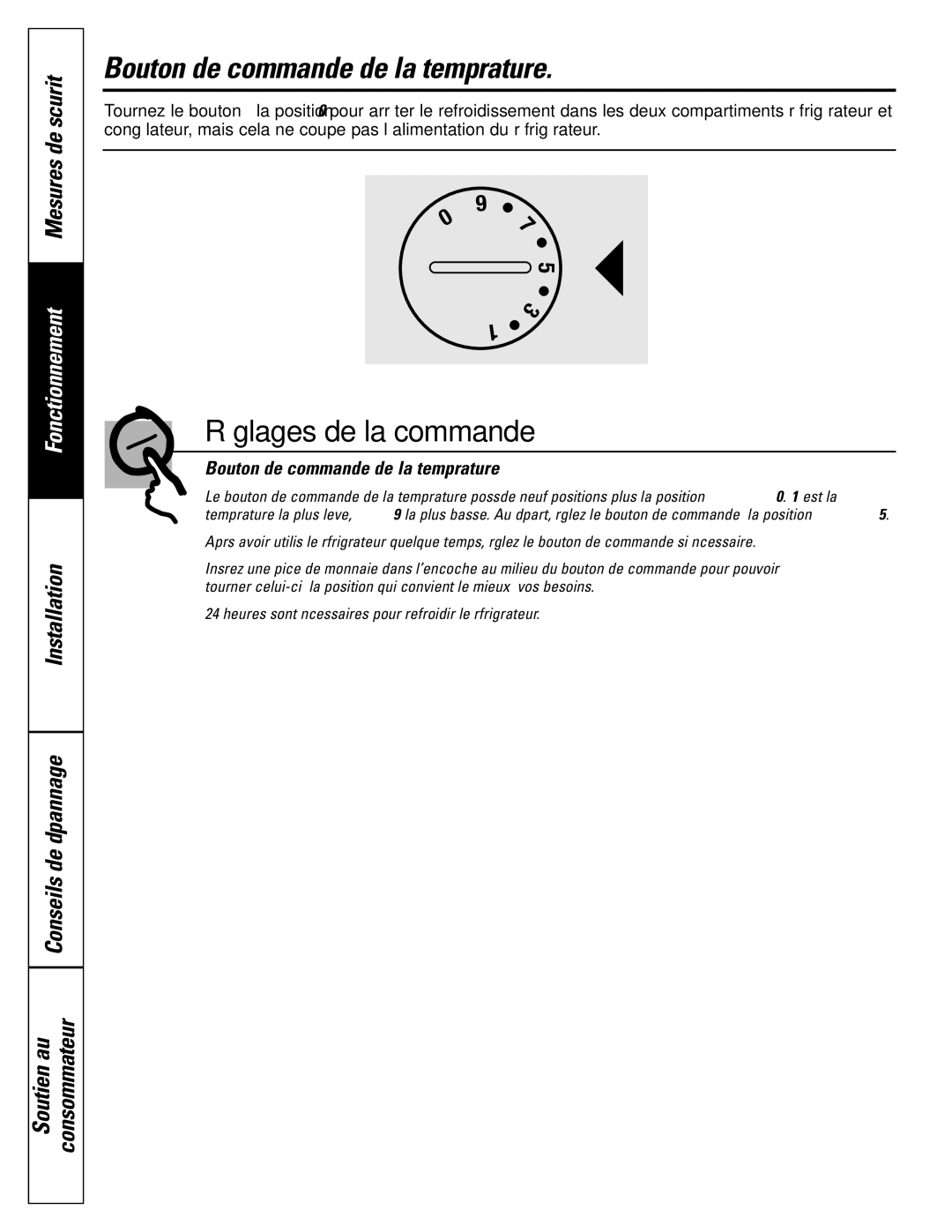 GE 16, 17, 18 operating instructions Bouton de commande de la température, Mesures de sécurité 