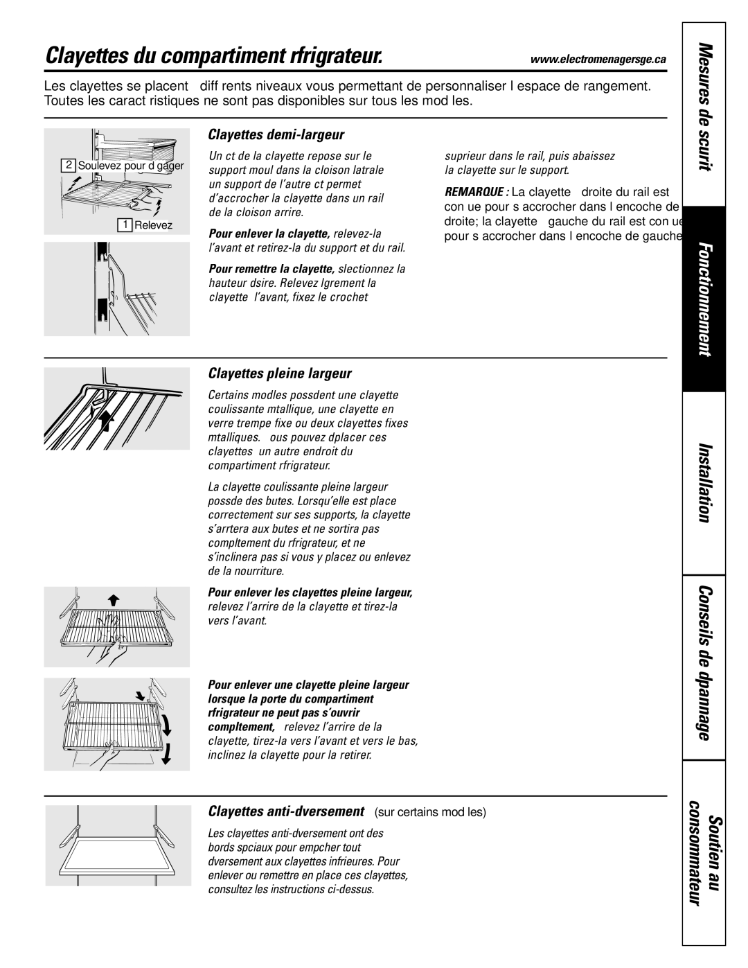 GE 16, 17, 18 operating instructions Clayettes du compartiment réfrigérateur, Sécurité 