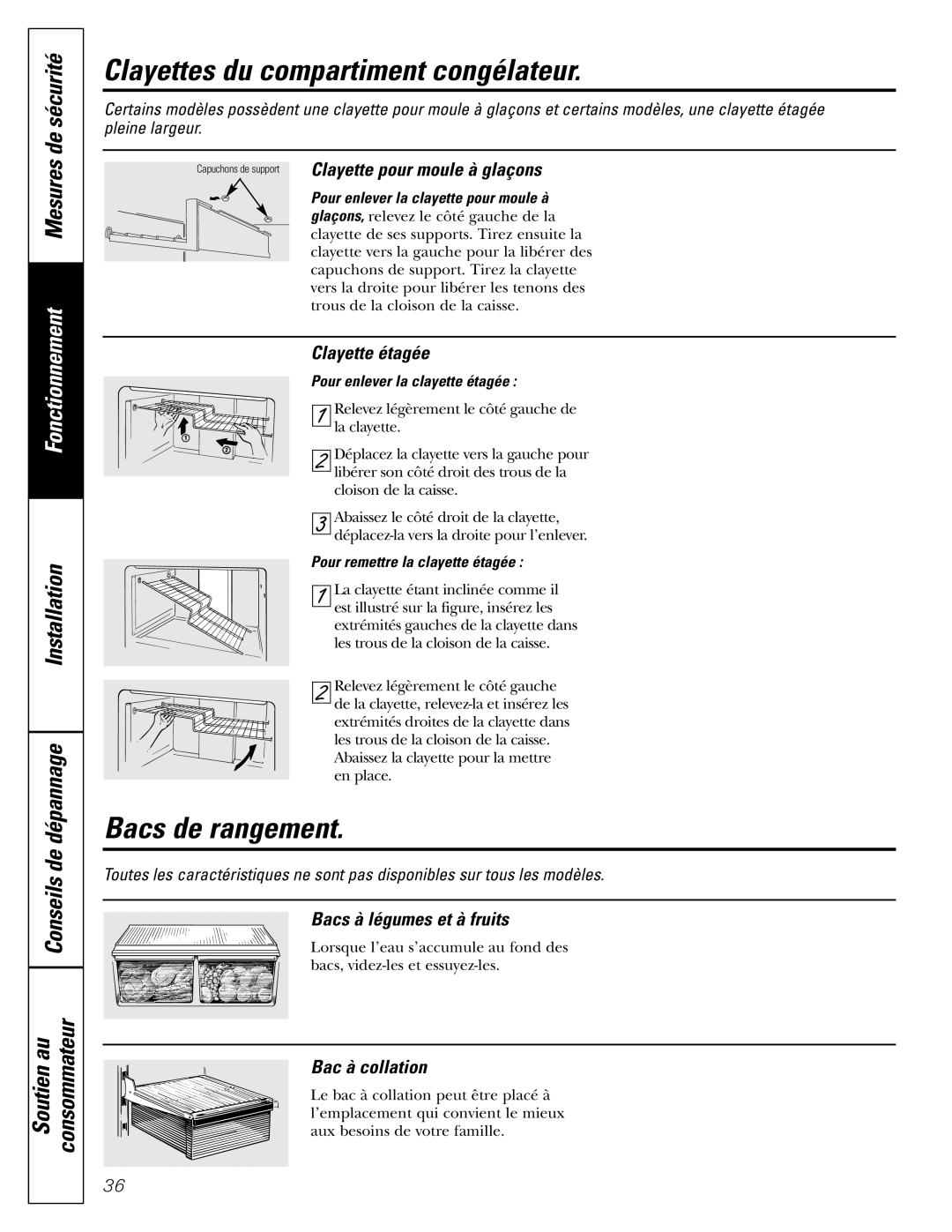 GE 16, 17, 18 operating instructions Clayettes du compartiment congélateur, Bacs de rangement 