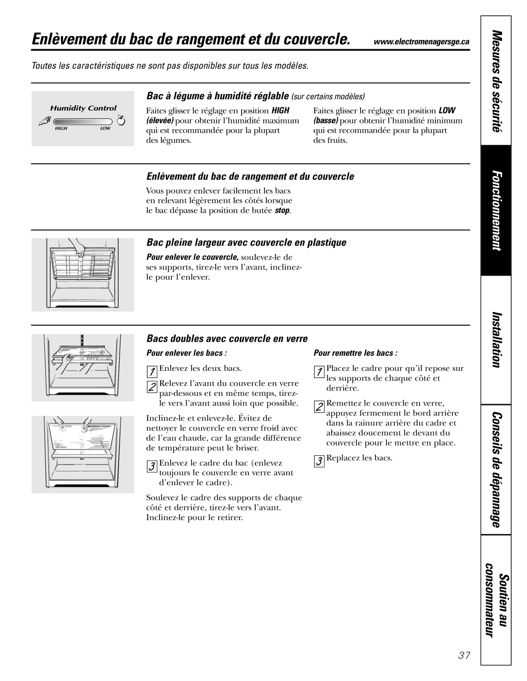 GE 16, 17, 18 Installation Conseils de dépannage, Bac à légume à humidité réglable sur certains modèles 