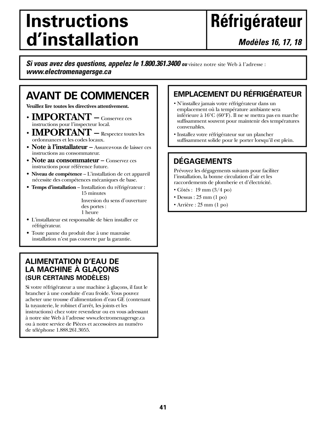 GE 16, 17, 18 Avant DE Commencer, Emplacement DU Réfrigérateur, Dégagements, Alimentation D’EAU DE LA Machine À Glaçons 