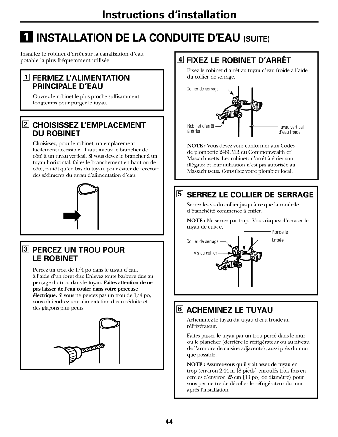 GE 16, 17, 18 Installation DE LA Conduite D’EAU Suite, Percez UN Trou Pour LE Robinet, Fixez LE Robinet D’ARRÊT 