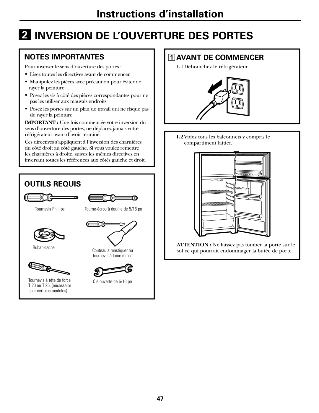 GE 16, 17, 18 operating instructions Inversion DE L’OUVERTURE DES Portes, Outils Requis Avant DE Commencer 