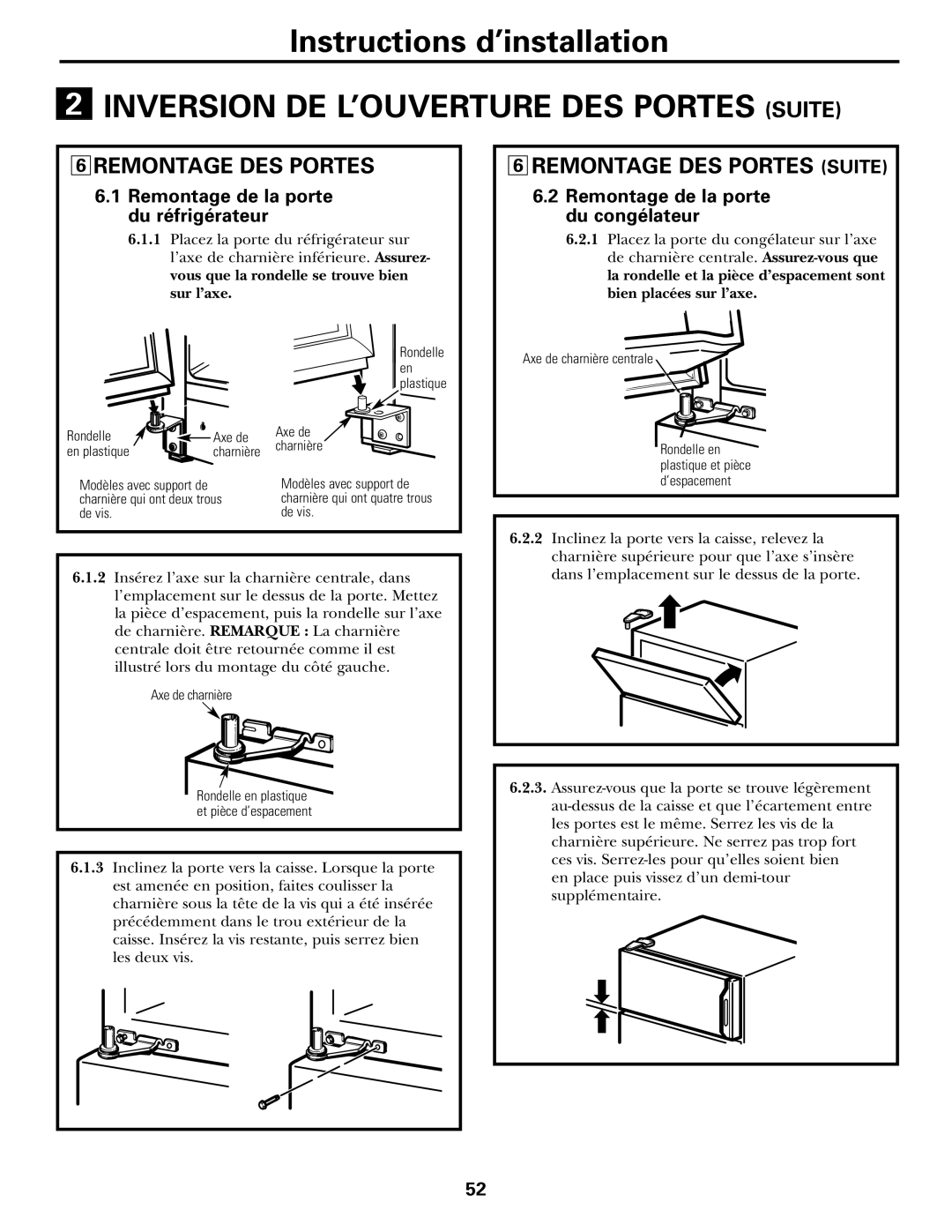 GE 16, 17, 18 Remontage DES Portes Suite, Remontage de la porte du réfrigérateur, Remontage de la porte du congélateur 