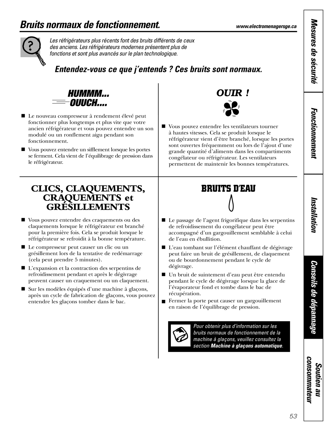 GE 16, 17, 18 operating instructions Bruits normaux de fonctionnement, Consommateur Soutien au 