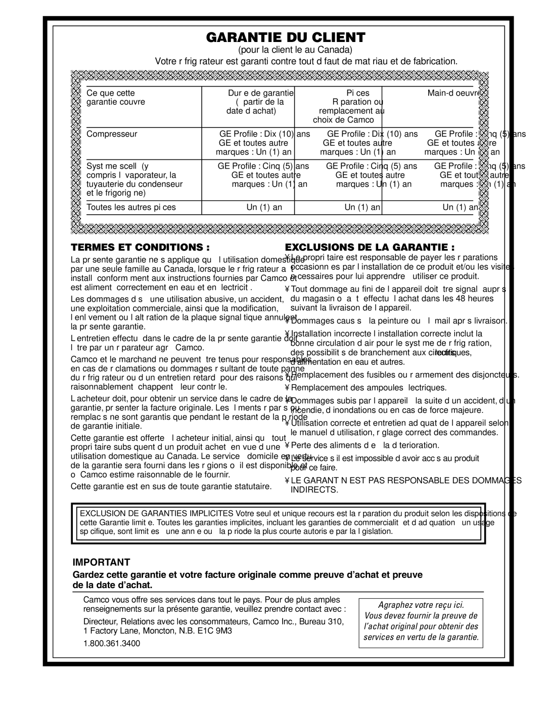 GE 16, 17, 18 operating instructions Garantie DU Client 