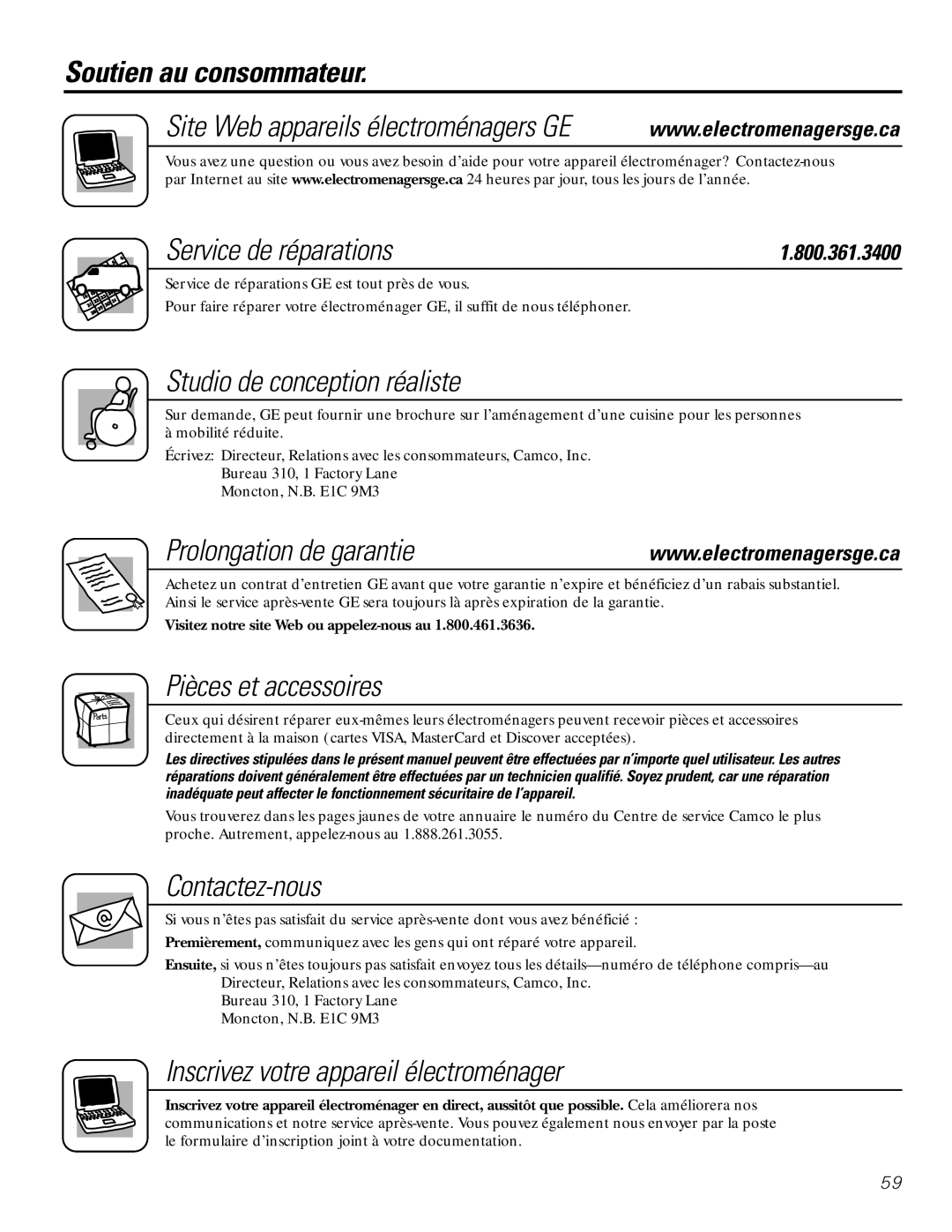 GE 16, 17, 18 operating instructions Soutien au consommateur, Service de réparations, Prolongation de garantie 