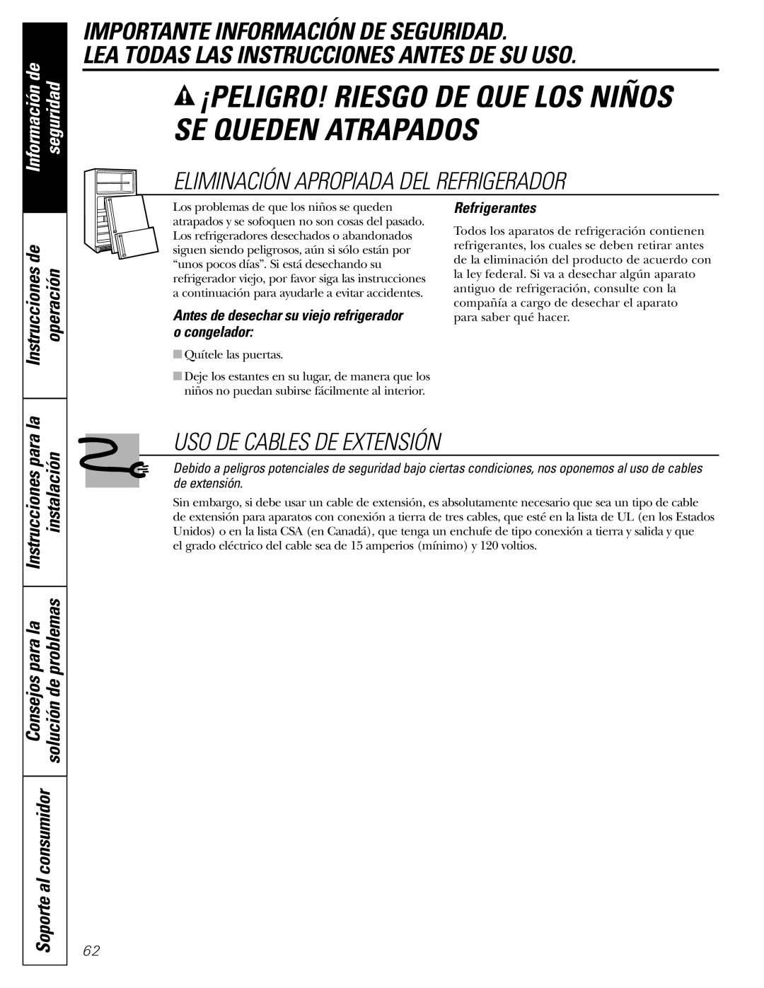 GE 16, 17, 18 Instrucciones de Operación, Antes de desechar su viejo refrigerador o congelador, Refrigerantes 