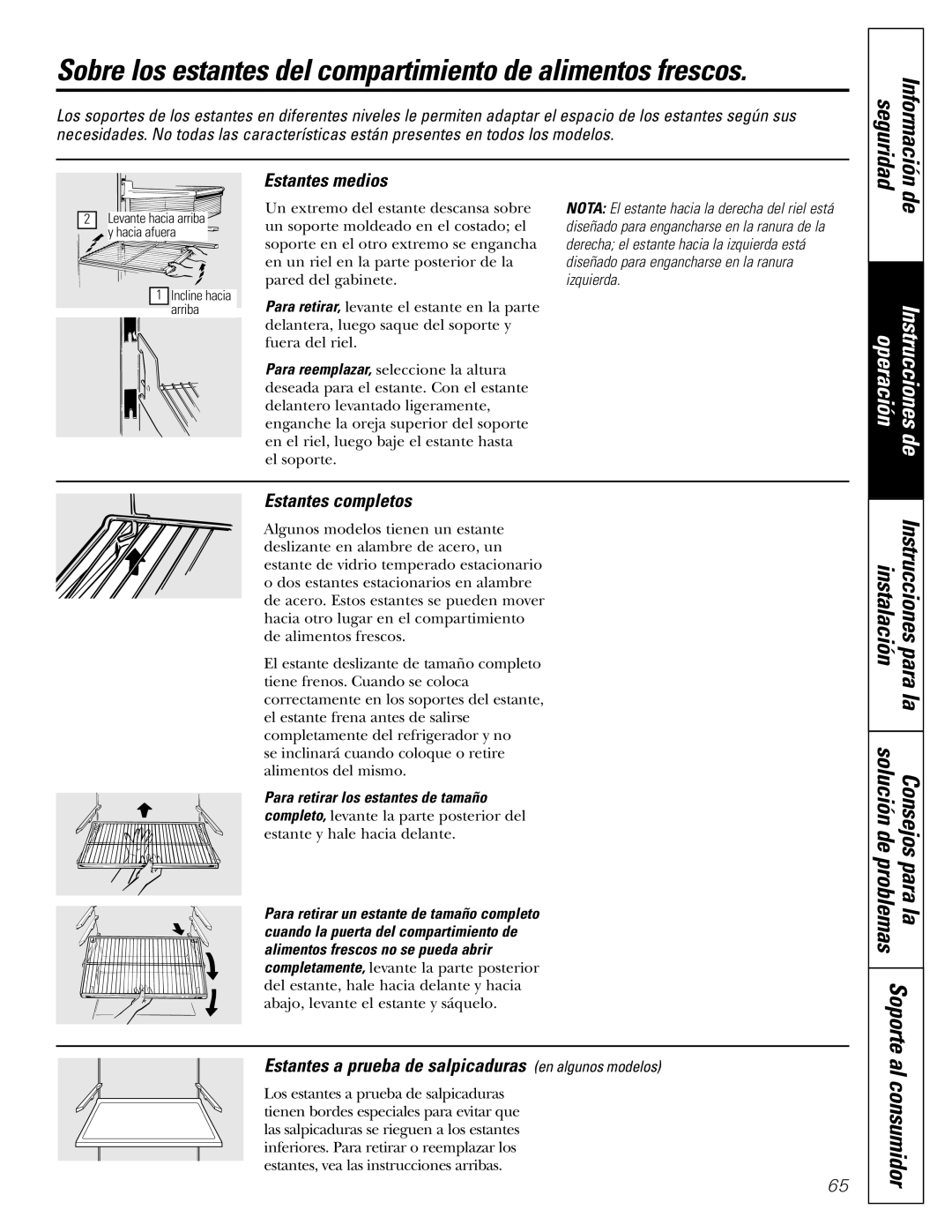 GE 16, 17, 18 operating instructions Seguridad Información, Estantes medios, Estantes completos, Soporte al consumidor 