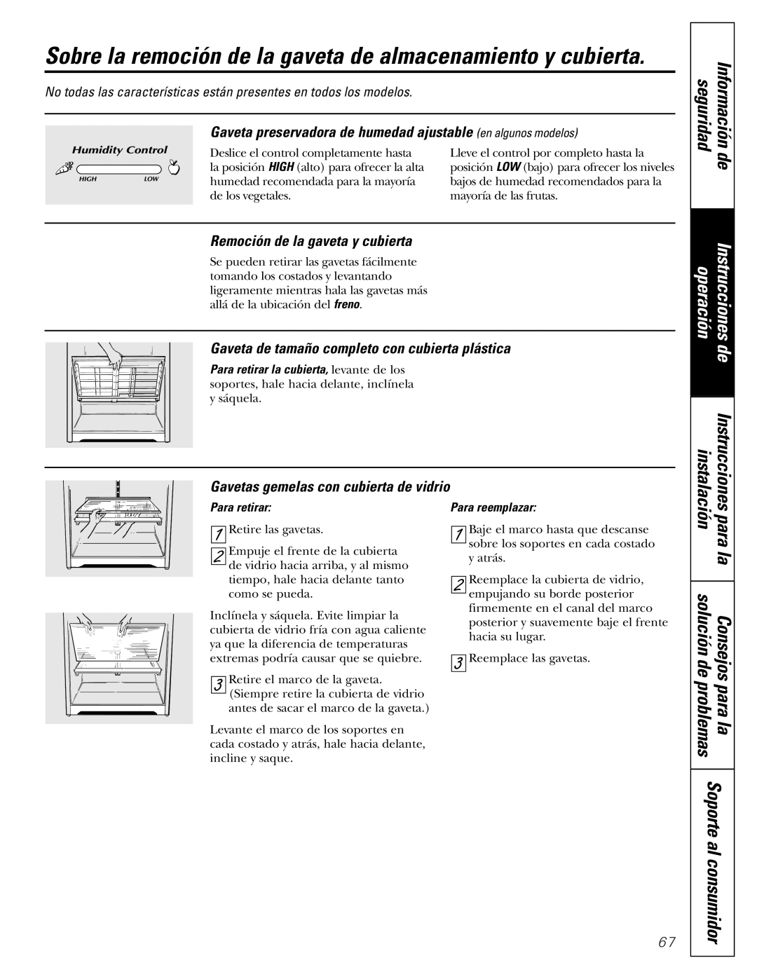 GE 16, 17, 18 Gaveta preservadora de humedad ajustable en algunos modelos, Remoción de la gaveta y cubierta 