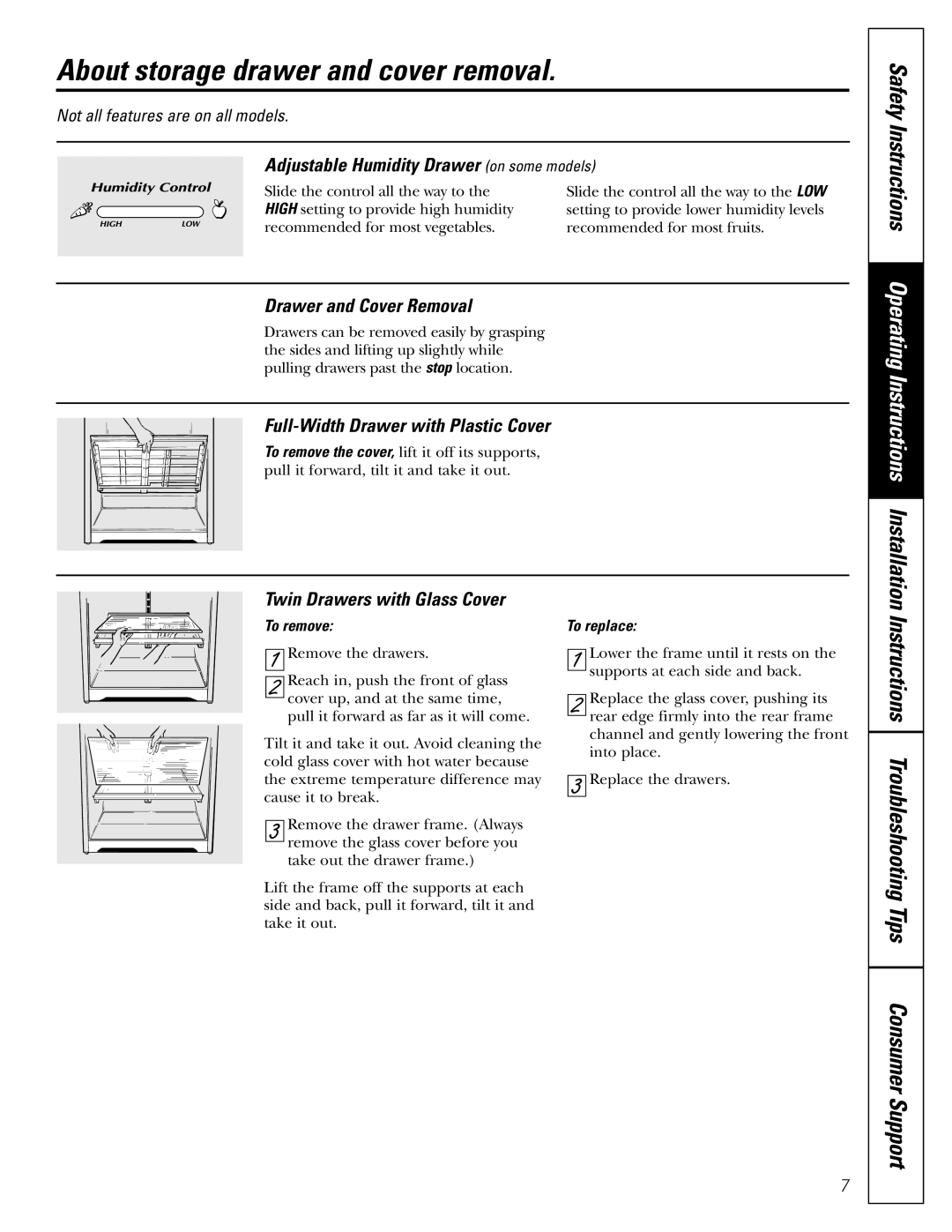 GE 16, 17, 18 About storage drawer and cover removal, Adjustable Humidity Drawer on some models, Drawer and Cover Removal 